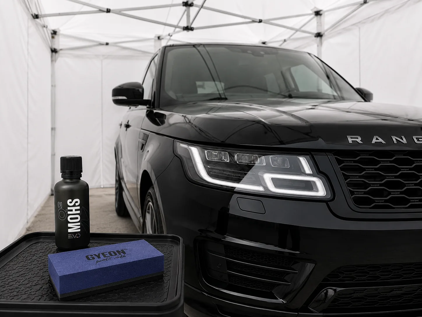 Range Rover prepared for GYEON Mohs EVO ceramic coating under WCAP Detailing canopy coverage