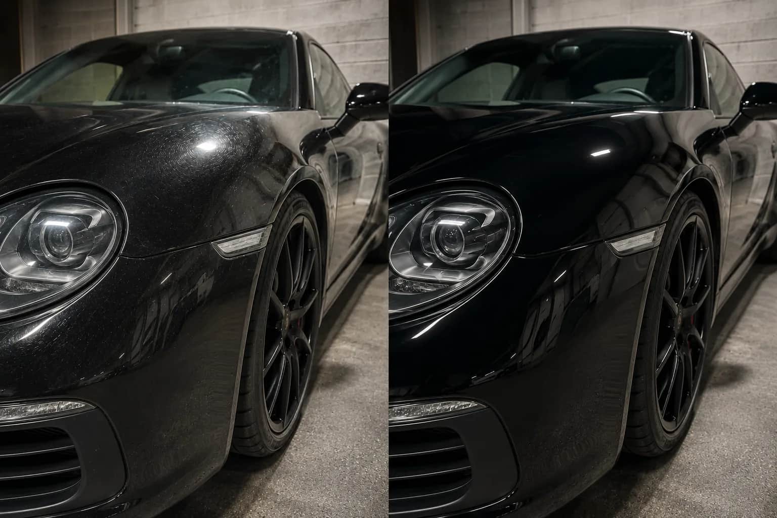 Paint correction before and after on a black Porsche in Halifax Black Porsche before and after paint correction showing swirl reduction and restored gloss