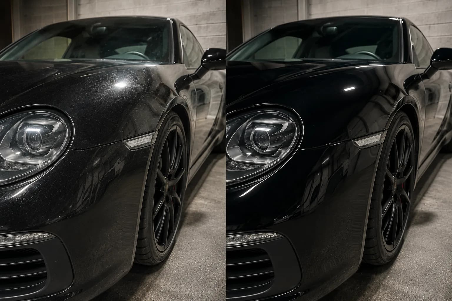 Paint correction before and after on a black Porsche in Halifax Black Porsche before and after paint correction showing swirl reduction and restored gloss